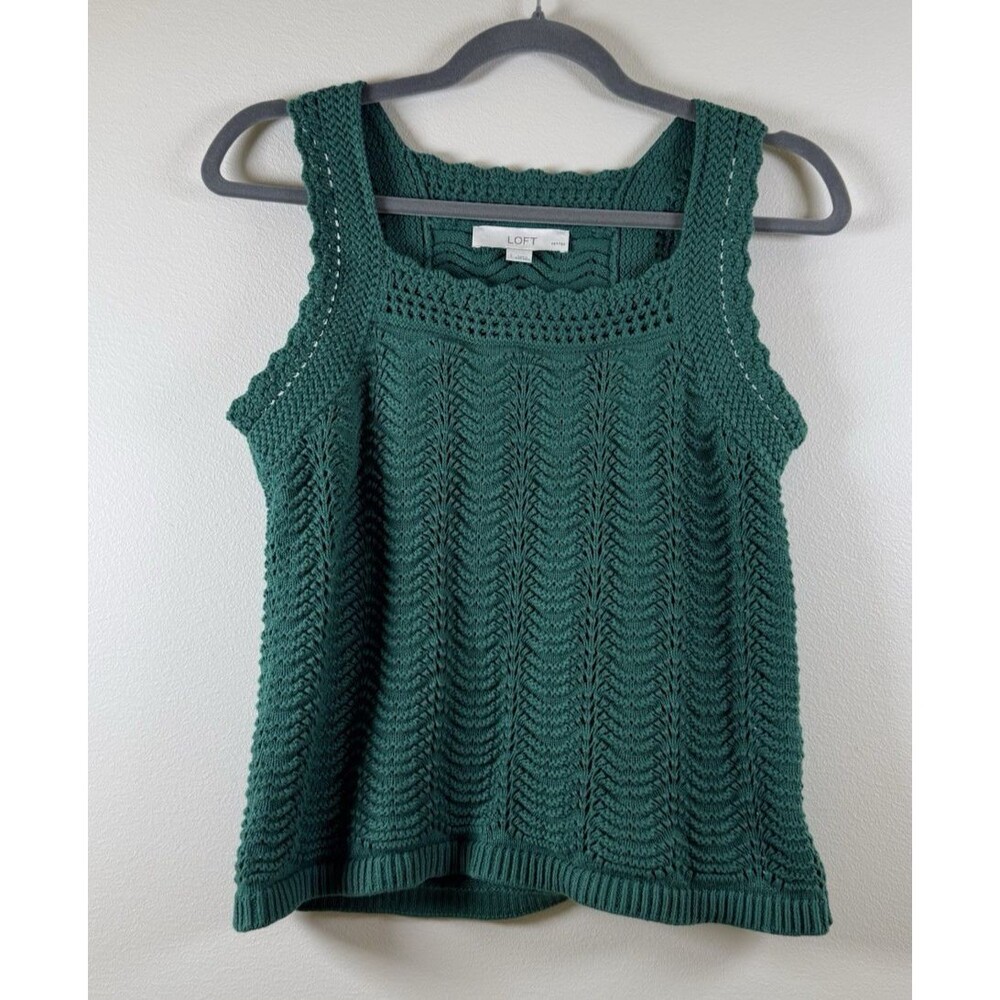 LOFT Womens Petite Green Crochet Knit Square Neck Sleeveless Tank Top - S